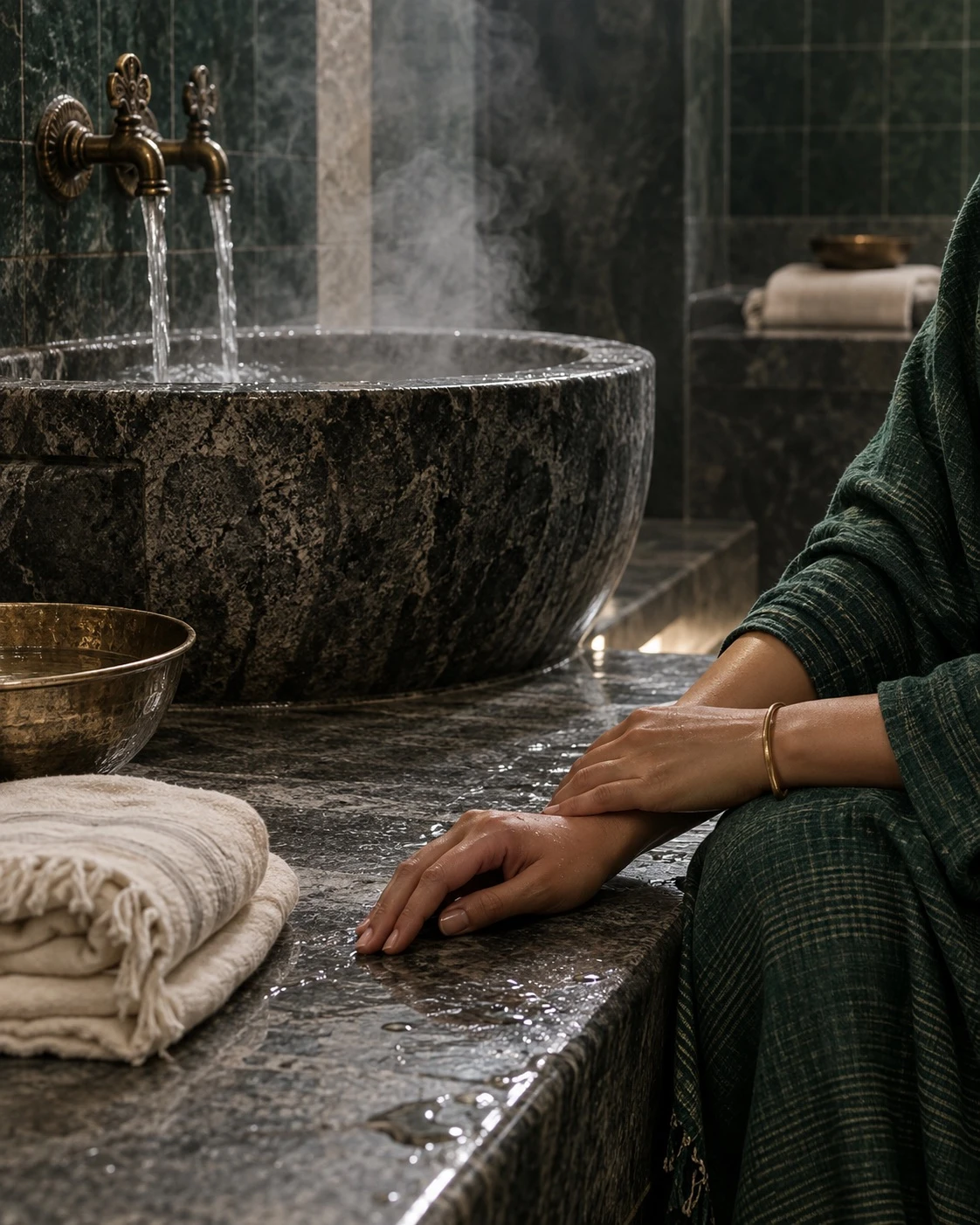 Dark stone Hammam detail with warm ritual lighting