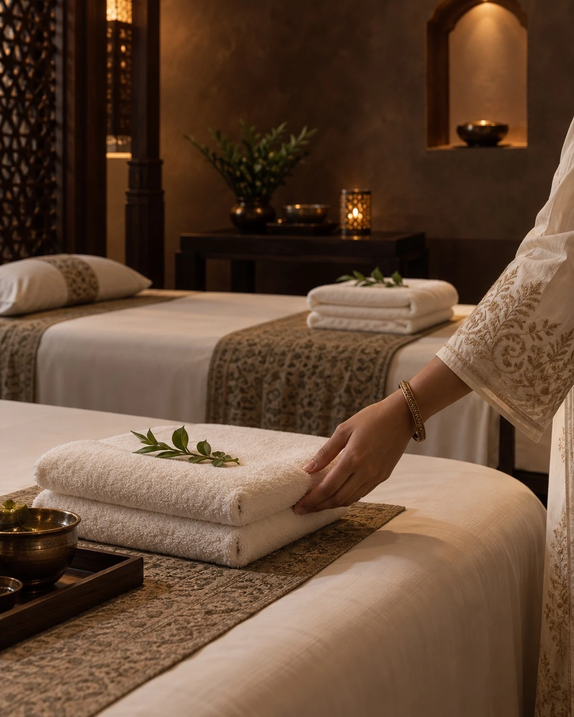 Warm spa suite detail with folded linen and soft candlelight