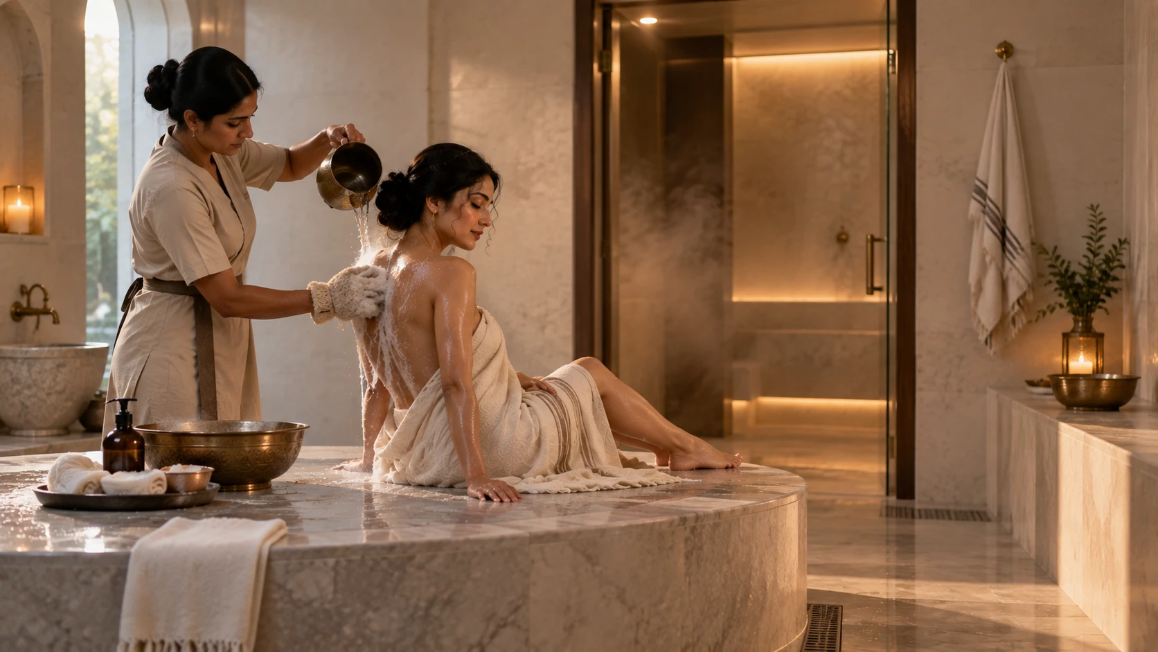 Turkish Hammam ritual with water, steam and body scrub
