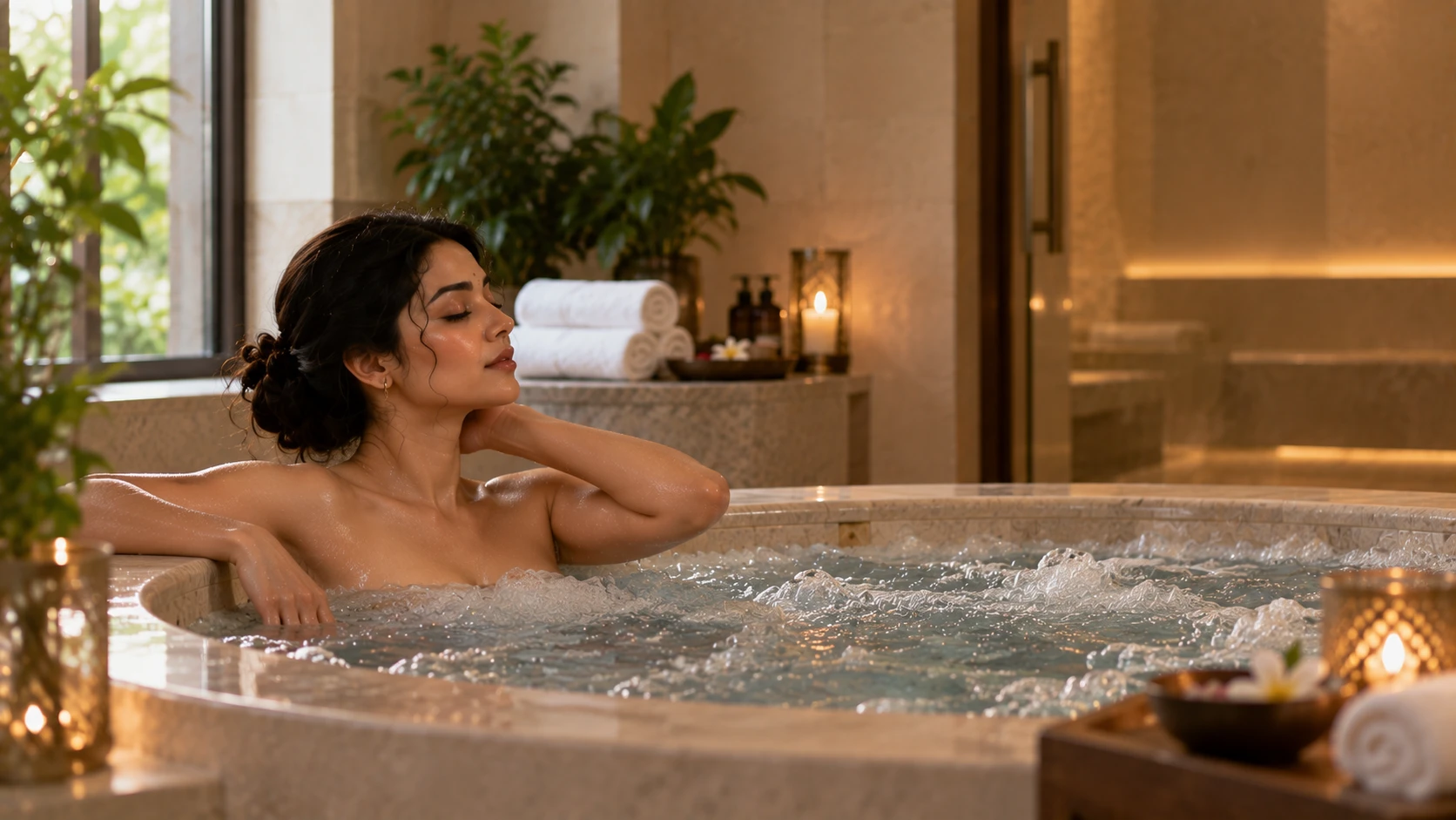 Sundari relaxing in a private Jacuzzi spa experience