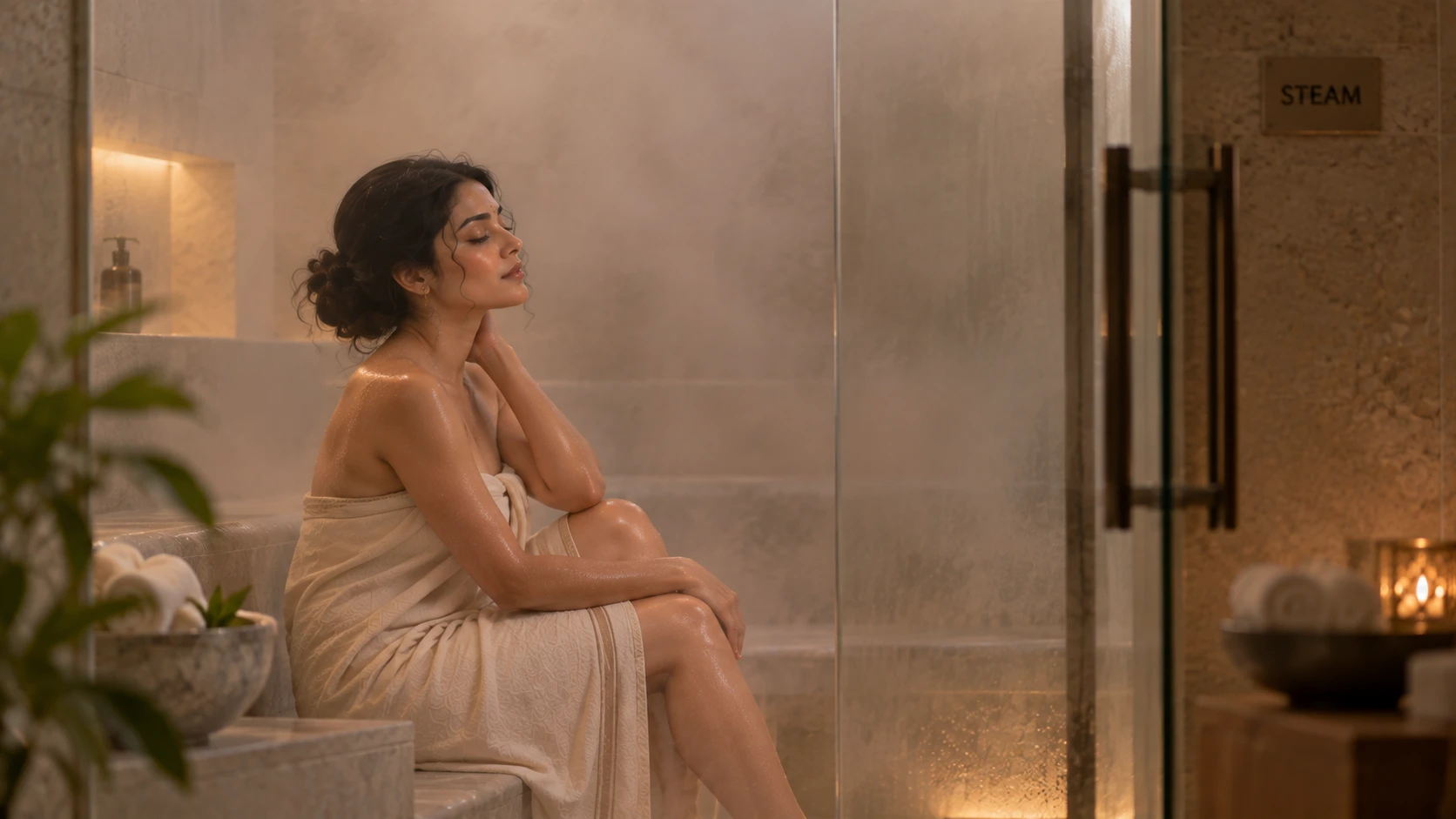 Sundari relaxing after a premium steam and spa treatment